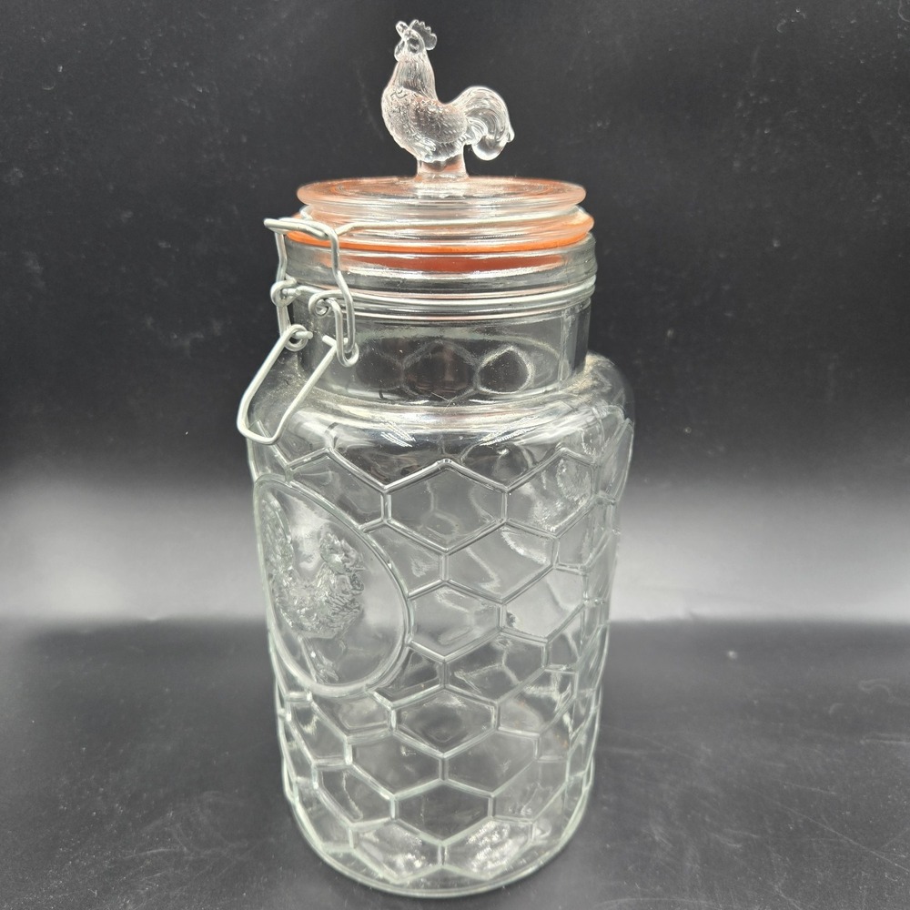 Cottagecore Rooster Honeycomb Glass Canister Bail & Trigger Locking Lid 11" 88oz